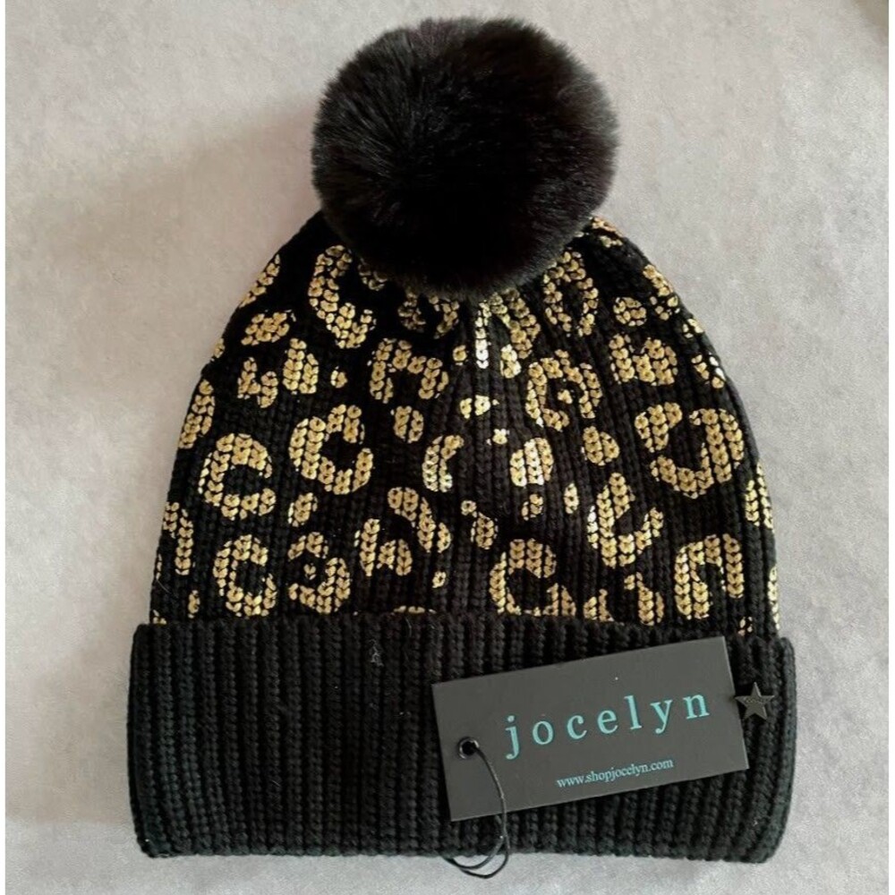 Jocelyn Foil Leopard Beanie Black Faux Fur Pompom Gold Print Toboggan $95 NEW!